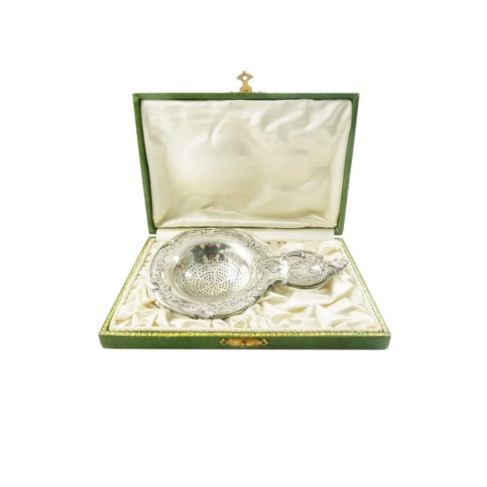 Antique Silver Tea Strainer with Presentation Box, Rococo Design - 43 Chesapeake Court Antiques