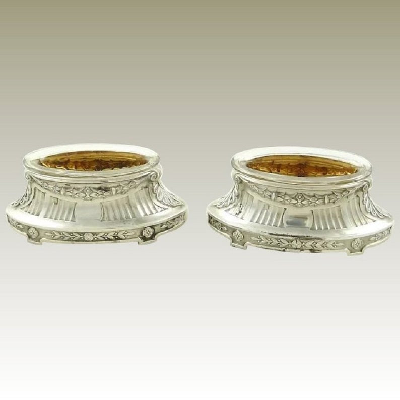 Antique French Sterling Silver Salt Cellars, Pair with Crystal Liners & Gilt Interiors - 43 Chesapeake Court Antiques