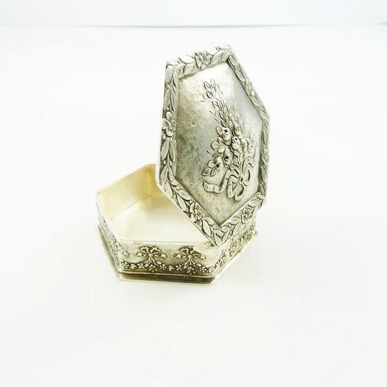 French Sterling Silver Small Box, Ribbons and Floral Motifs - 43 Chesapeake Court Antiques