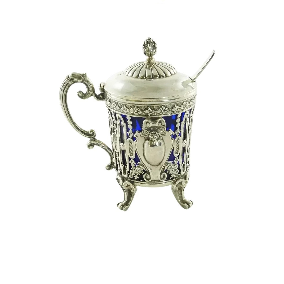 Antique French Sterling Silver Mustard Pot with Cobalt Liner & Spoon, Edmond Tetard - 43 Chesapeake Court Antiques