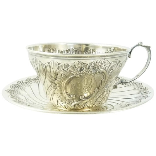 Antique French Sterling Silver Cup and Saucer, Chocolate or Coffee, Ravinet & Denfert - 43 Chesapeake Court Antiques