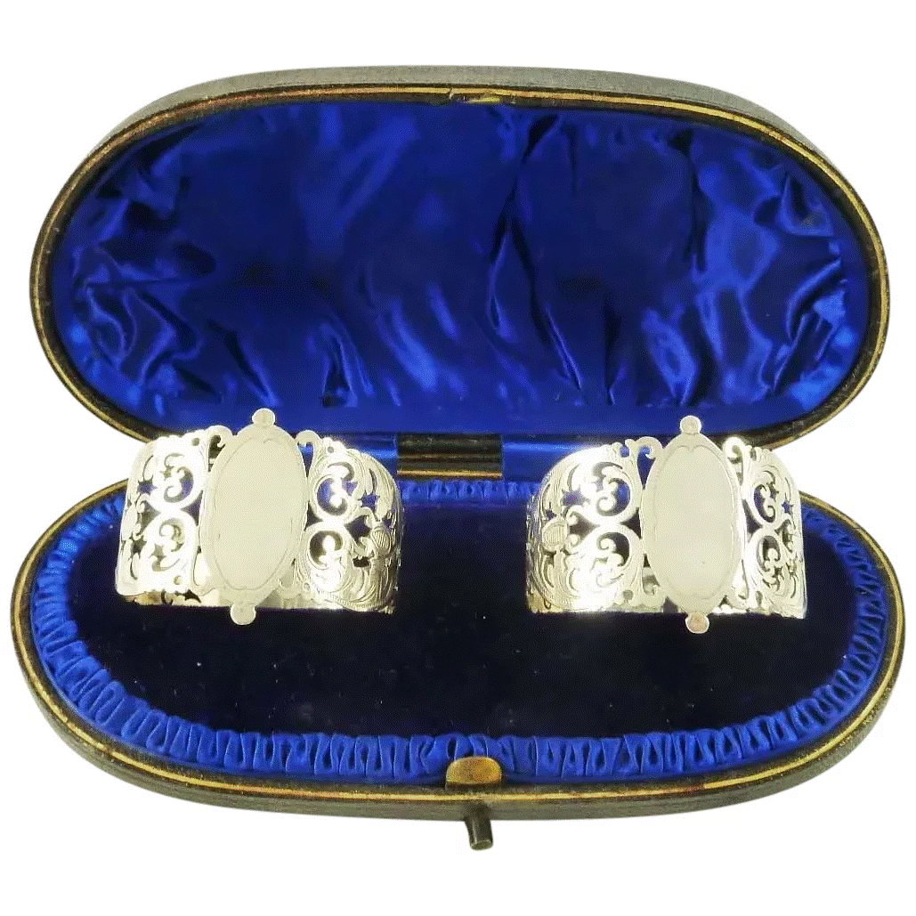 Antique English Sterling Silver Napkin Ring Holders Box Pierced Work - 43 Chesapeake Court Antiques