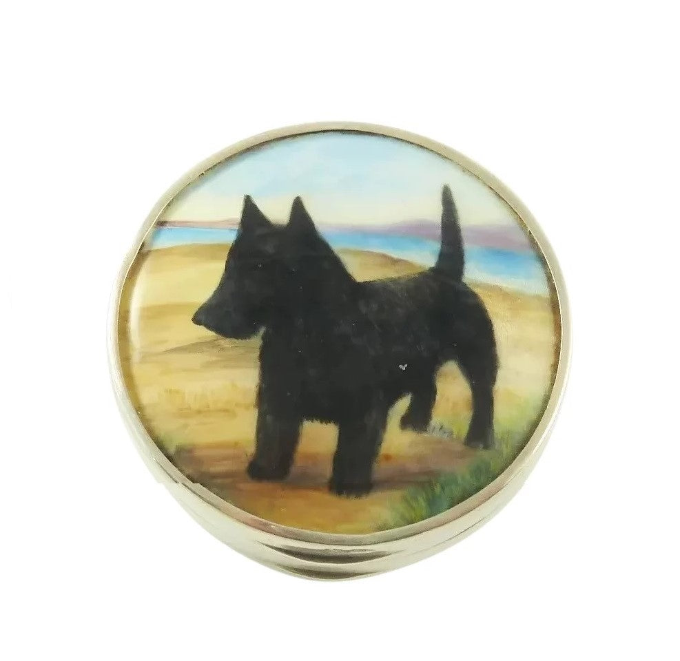 English Sterling Silver Pill Box with Enamel Painting of a Dog - 43 Chesapeake Court Antiques