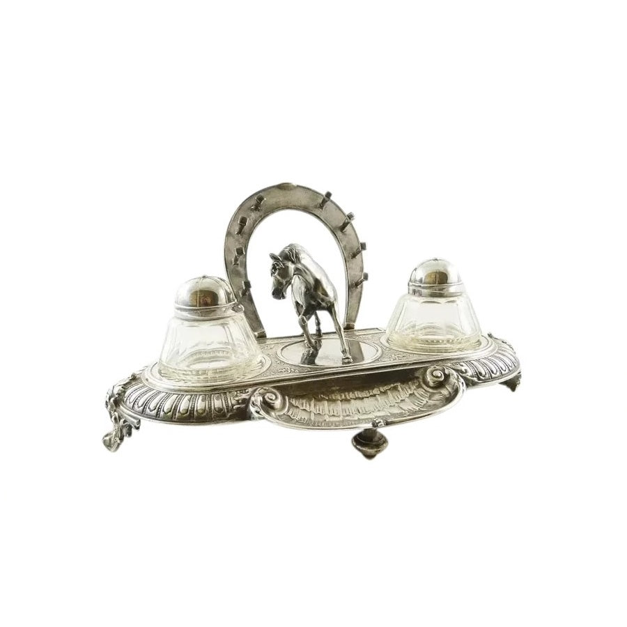 Antique Novelty Silver Equestrian Double Inkwell, C1900, Horse, Horseshoe Pen Holder, Jockey Caps - 43 Chesapeake Court Antiques