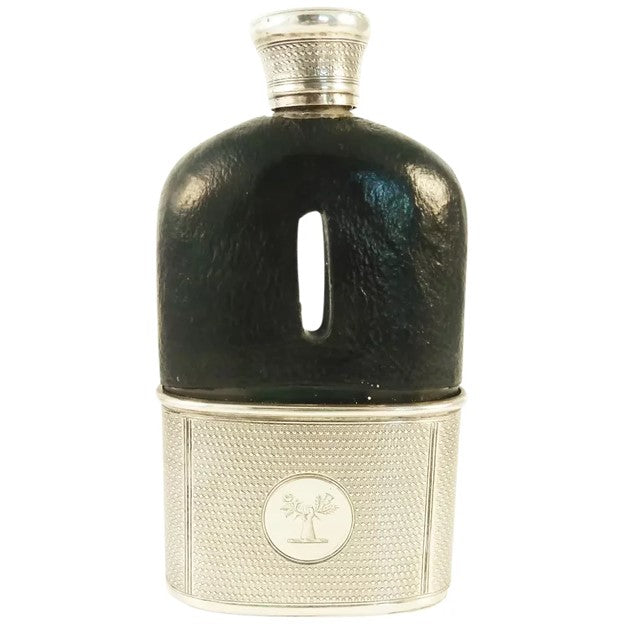 Antique English Sterling Silver Leather Hip Flask, Removable Cup, Family Crest - 43 Chesapeake Court Antiques
