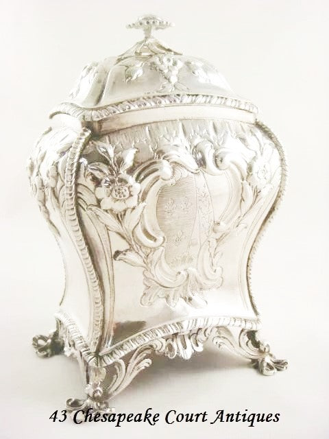 Antique Sterling Silver Tea Caddy, George III, Rococo with Crest - 43 Chesapeake Court Antiques